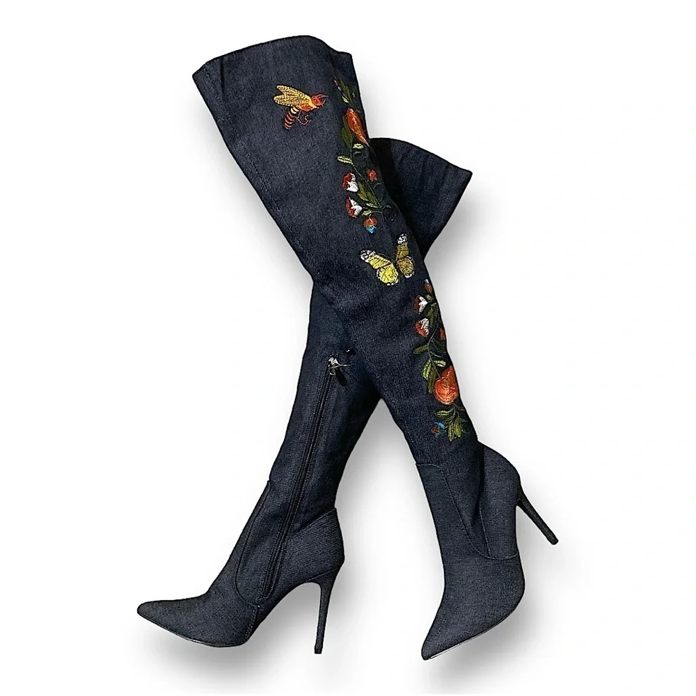 Vintage Denim Over the Knee Slouchy Boot Embroidered Butterflies Point Toe Size7